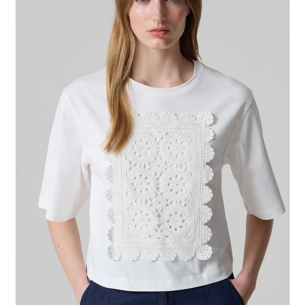 Piombo White Boxy Crochet Embellished T-Shirt
